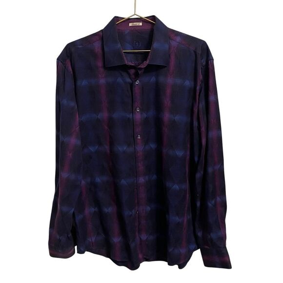 Bugatchi Purple Blue Plaid Shaped Fit Button Down Shirt Large - Picture 1 of 6